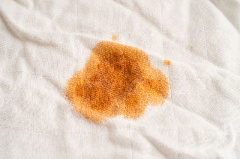 Škvrna od tekutiny na bielej tkanine, detailný záber naznačuje potrebu čistenia alebo odstránenia nečistoty.