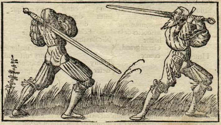 Dvaja muži v historických brneniach bojujú s mečmi na lúke, ilustrácia z 15. storočia.