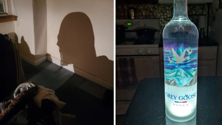 Tieňový profil na stene a fľaša Grey Goose vodky na tmavom pozadí.