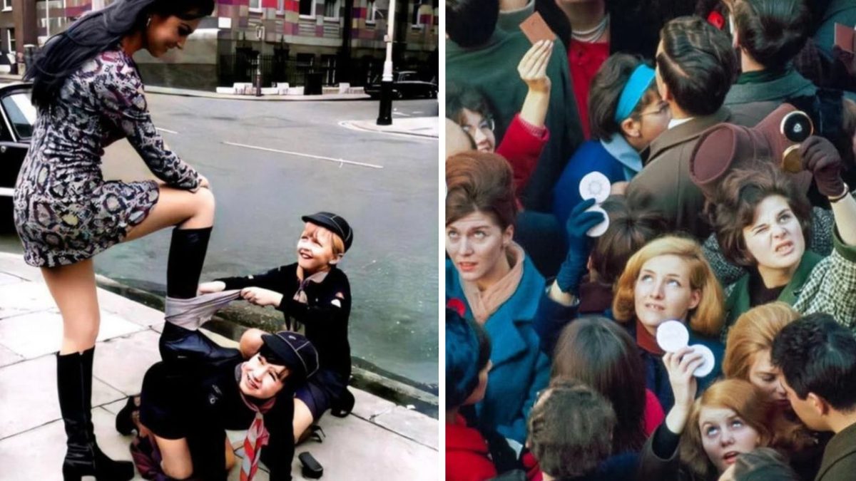 Ľudia na ulici v retro oblečení, interakcie a pohyby v dave, atmosféra nostalgie a zábavy.