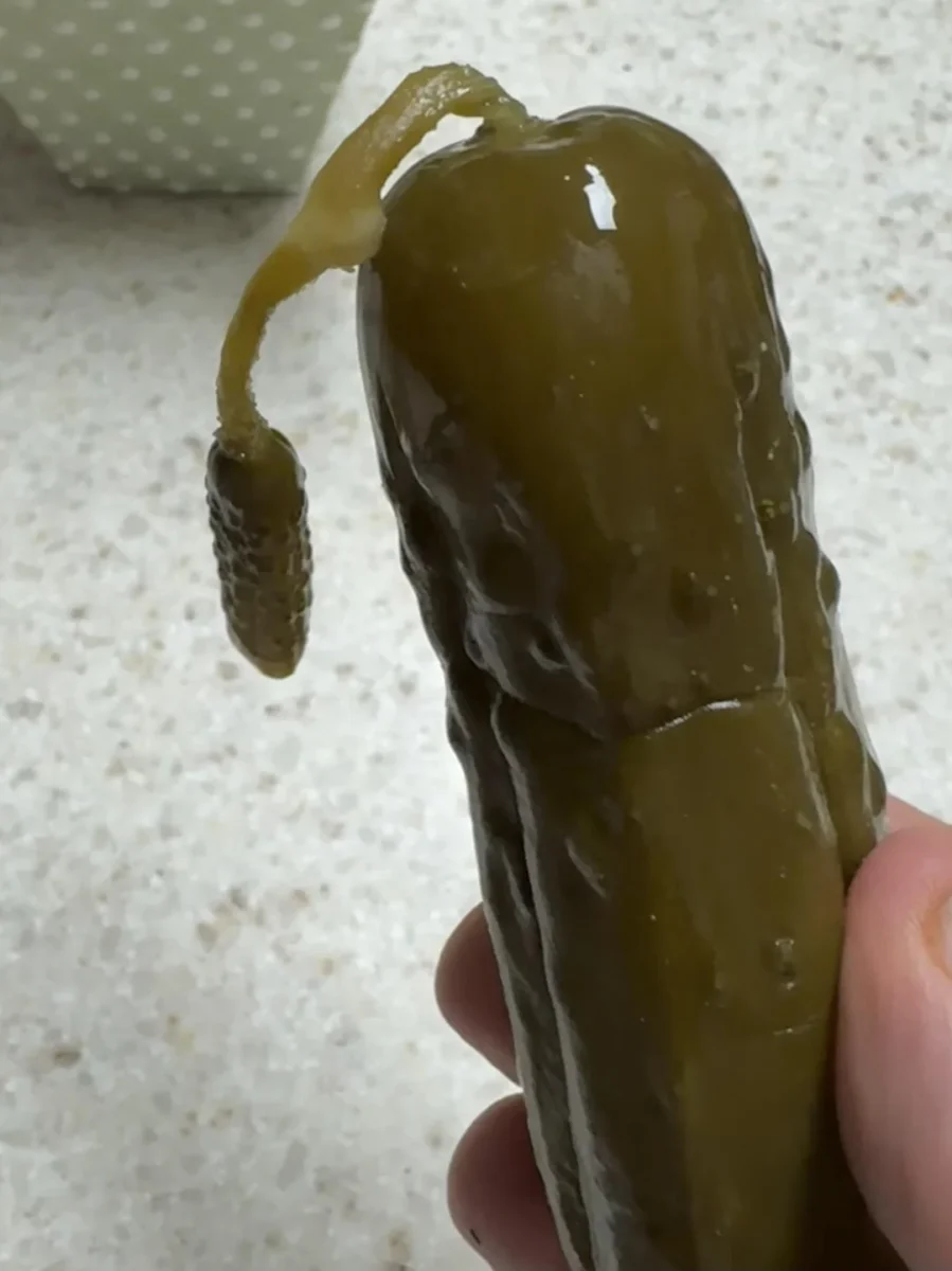 Nakladaná uhorka so zaujímavým prírastkom na špičke.