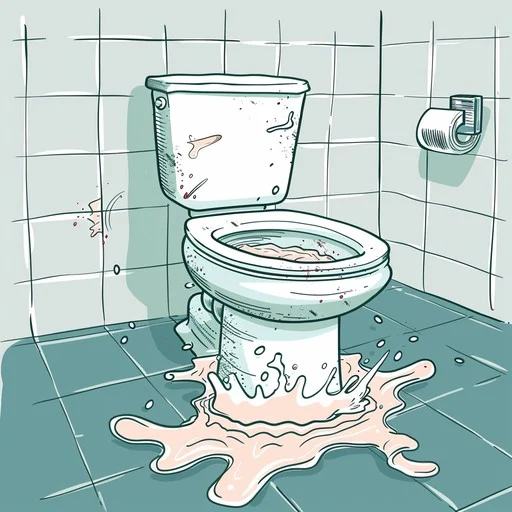 Toaleta s poruchou vyteká vodu na podlahu kúpeľne, ilustrácia s dôrazom na údržbu a opravy kúpeľňových zariadení.
