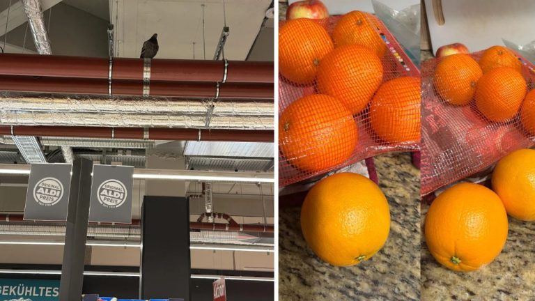 Obrázok supermarketu a čerstvých pomarančov v sieťke, pripravených na nákup.