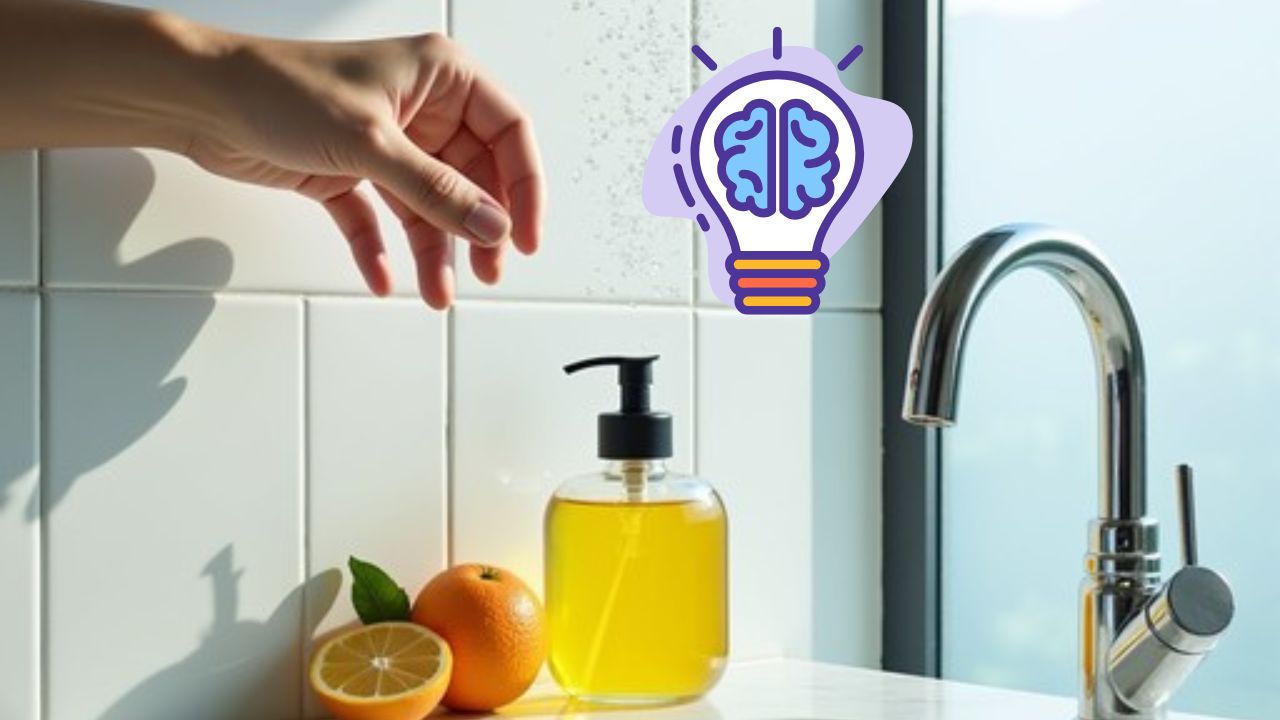 Ruka siaha na mydlo v kuchyni, vedľa citrusov pod slnečným svetlom, s ikonou nápadu na dlážke.
