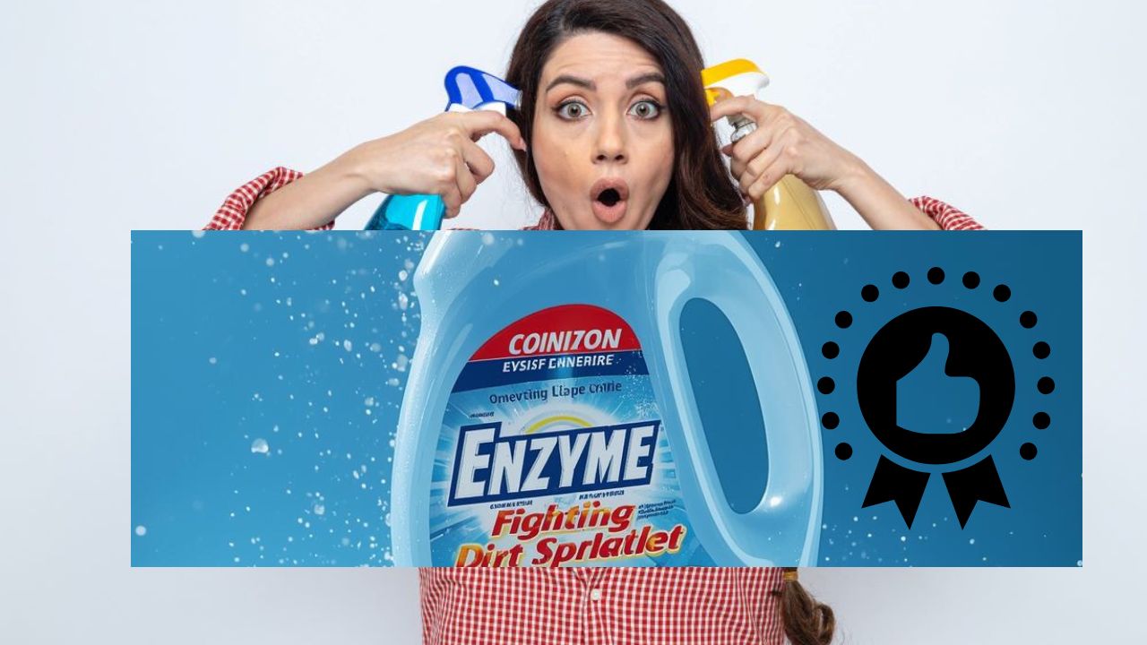 Žena s prekvapeným výrazom drží dva rozprašovače a produkt Enzyme pre efektívne čistenie.