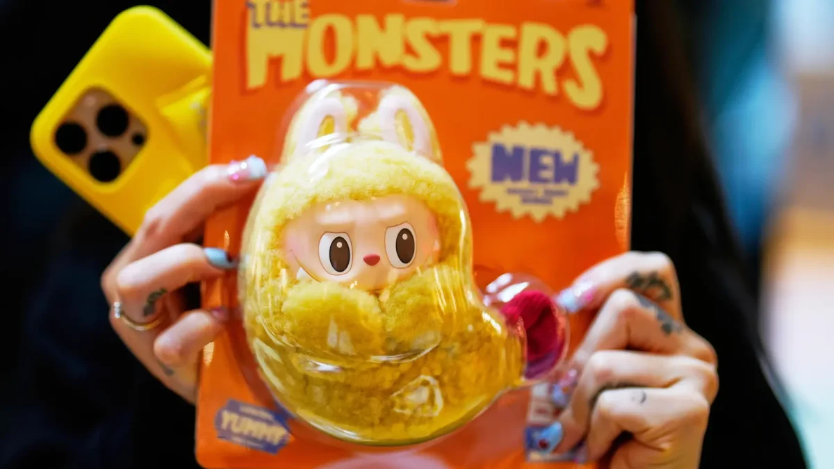 Osoba drží žltú hračku v balení The Monsters s mobilom v ruke, oranžové pozadie.