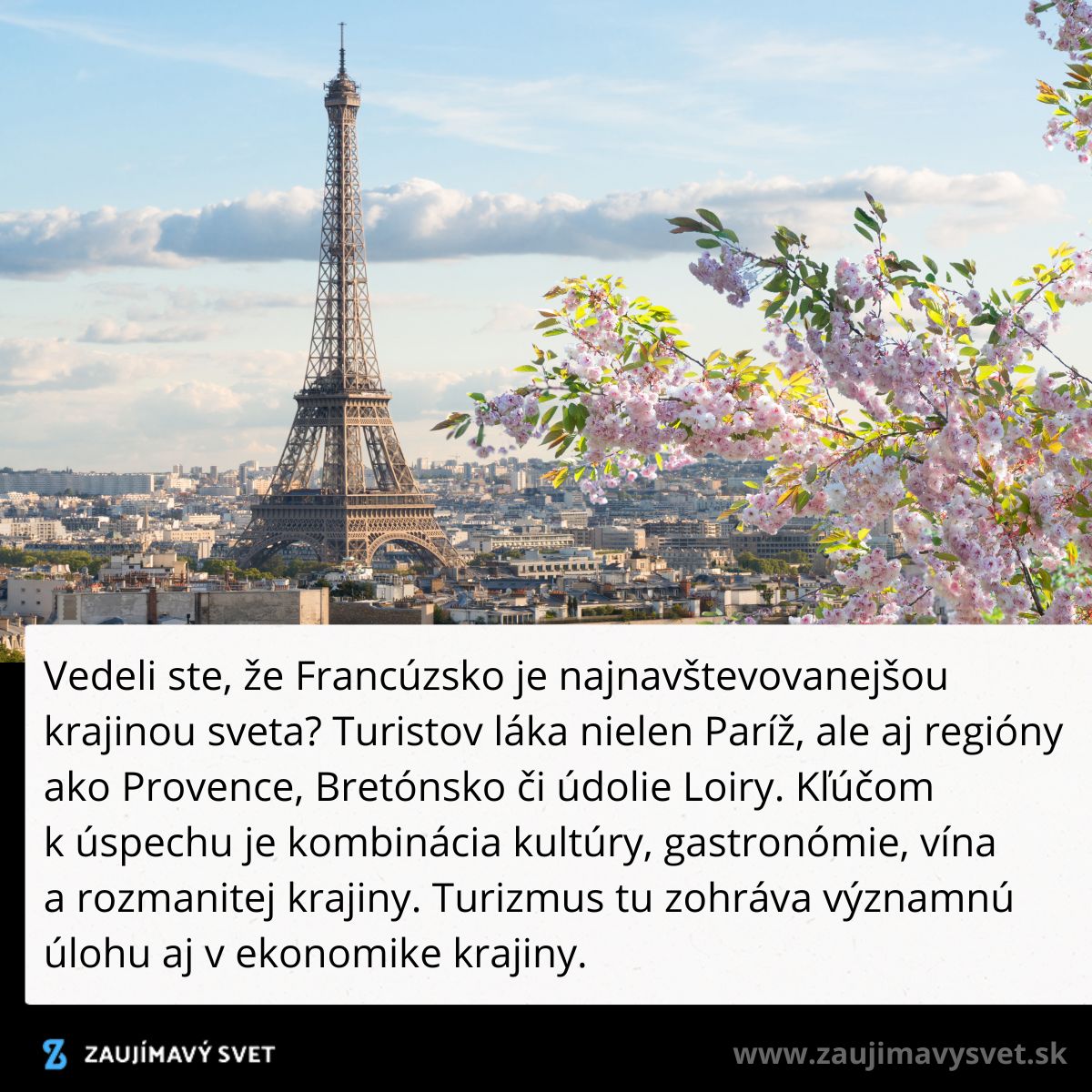 Eiffelova veža v Paríži na jar s kvitnúcimi kvetmi, symbol Francúzska a obľúbený cieľ turistov z celého sveta.