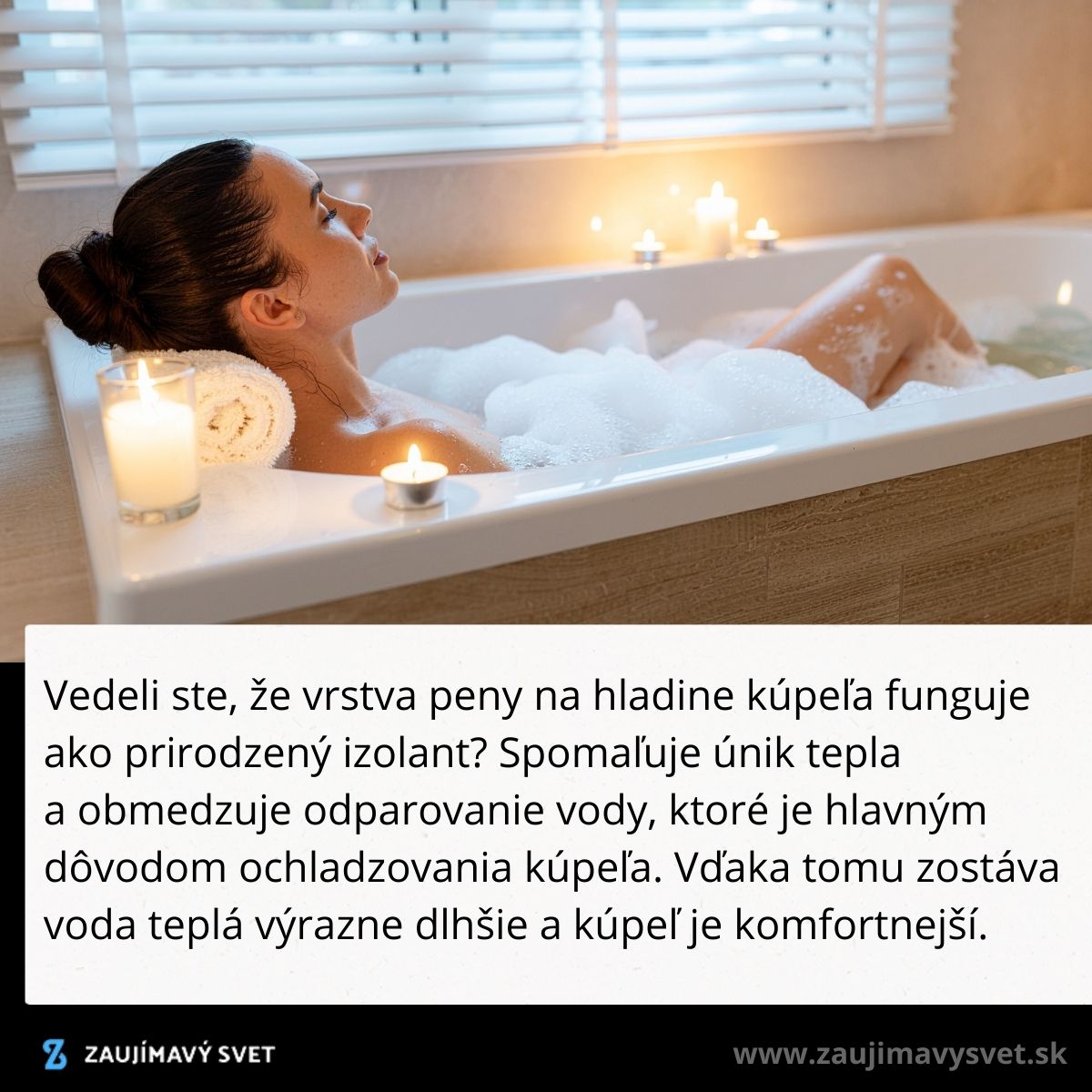 Žena relaxuje vo vani s penou a sviečkami, ktoré vytvárajú upokojujúcu atmosféru pre dokonalý odpočinok.