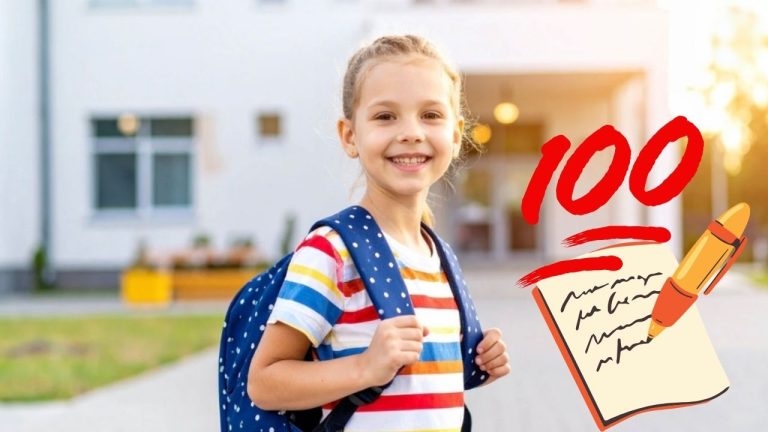 Dievča s batohom pred školou, spokojné so svojím výsledkom 100 na teste, symbolizuje úspech v štúdiu.