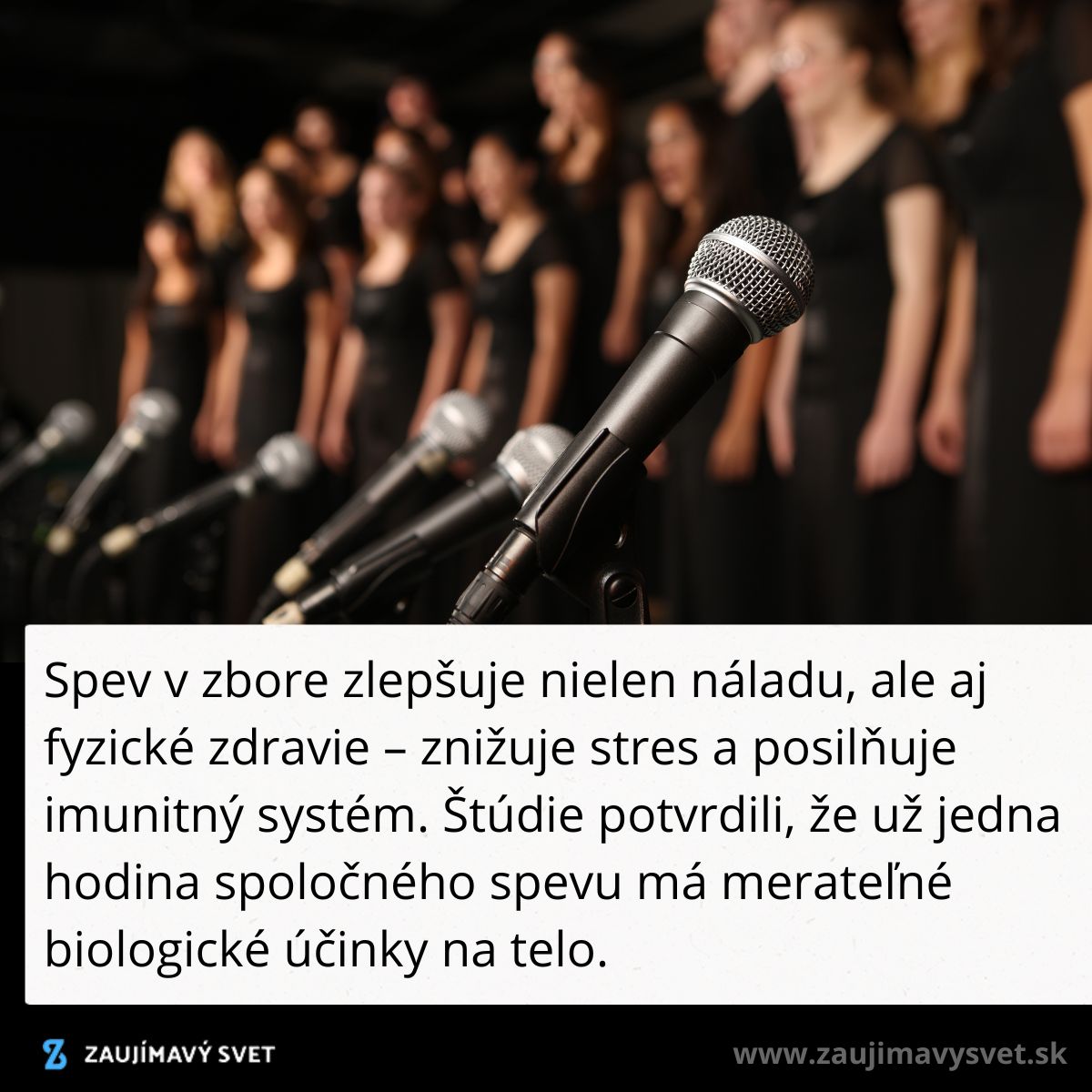 Zborový spev posilňuje zdravie a znižuje stres, mikrofóny v popredí a speváci v pozadí.