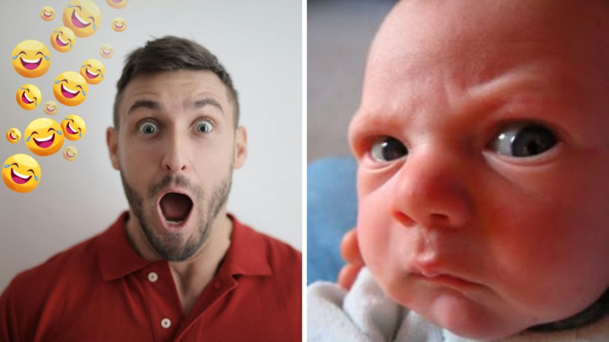 Muž s otvorenými ústami vedľa zamračeného bábätka, veselé emodži nad mužom. Emócie prekvapenia a frustrácie.