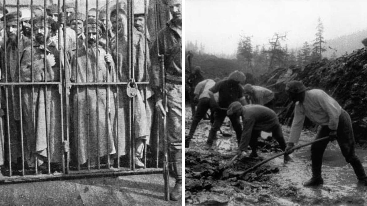 Väzni za mrežami a pracujúci muži na mokrej pôde, historické čiernobiele fotografie.