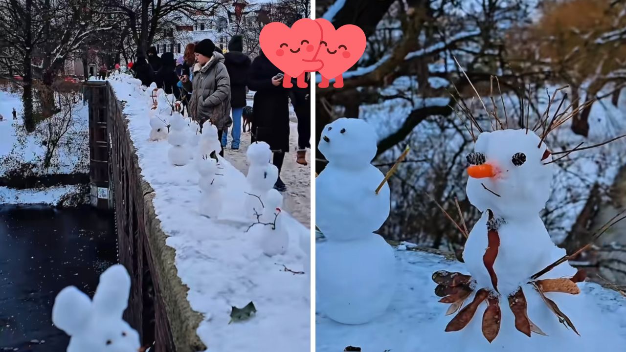 Rad originálnych snehuliakov na zasneženom moste, ľudia sa prechádzajú v pozadí.