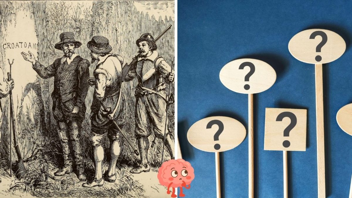Ilustrácia osadníkov pri nápise Croatoan a otázničníky na drevených zápalkách na modrom pozadí.