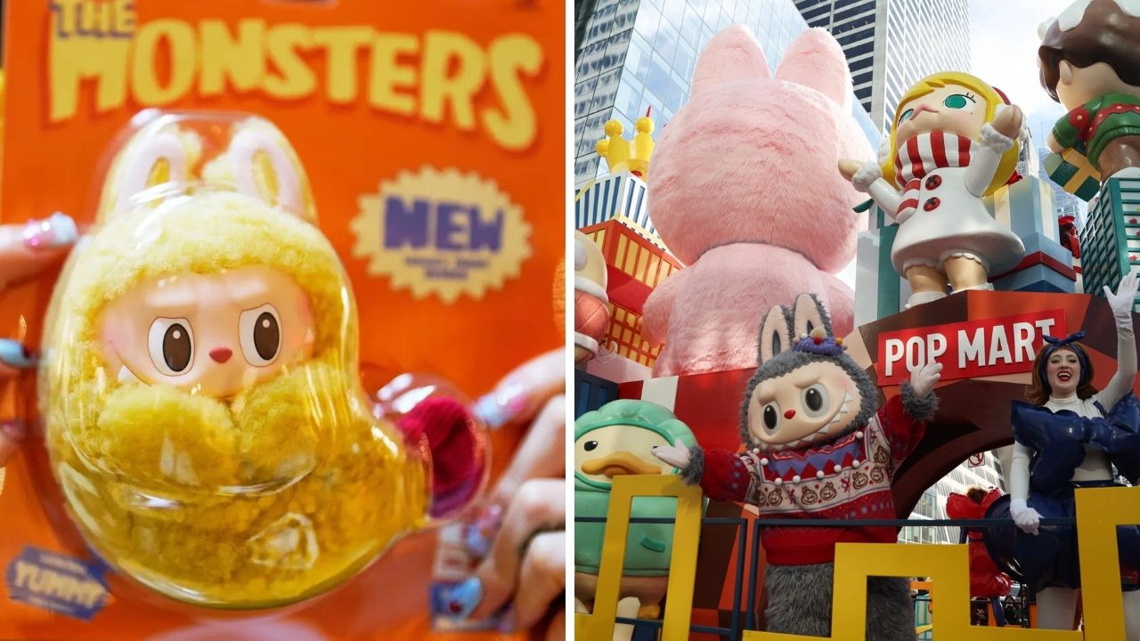 Hračka The Monsters v balení a farebná výstava Pop Mart postavičiek v meste.