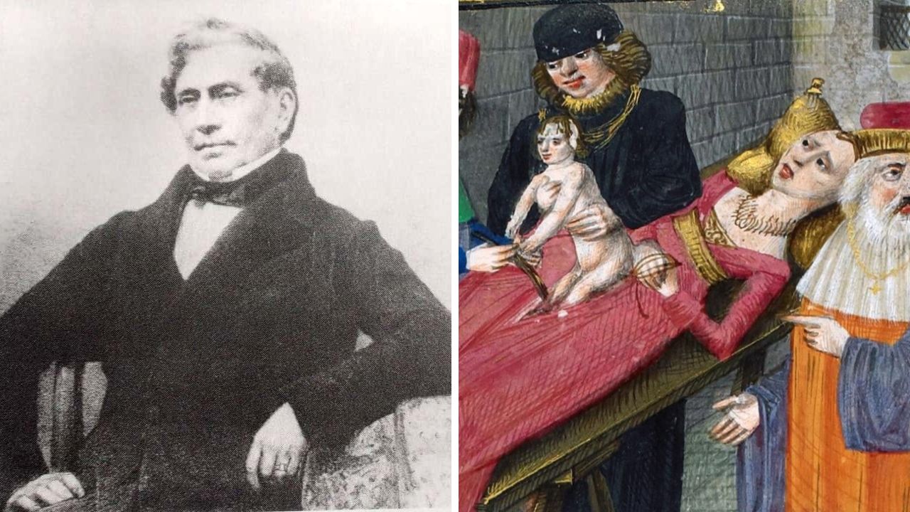 Osoba s historickým portrétom a stredoveká scéna s pôrodom. Významná medicínska tematika.