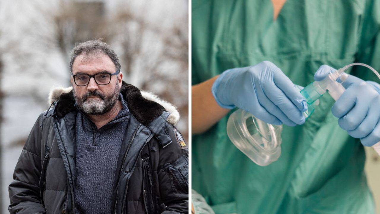 Muž v kabáte a detail rukavíc so zdravotníckym vybavením. Dve rôzne scény spojené v jednom obrázku.