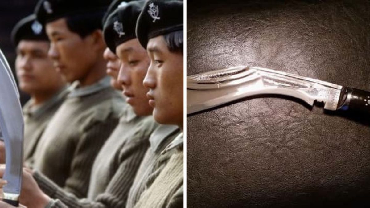 Nepálsky vojaci v uniforme s khukri nožmi, symbolom gurkhovskej odvahy a tradičnou zbraňou.