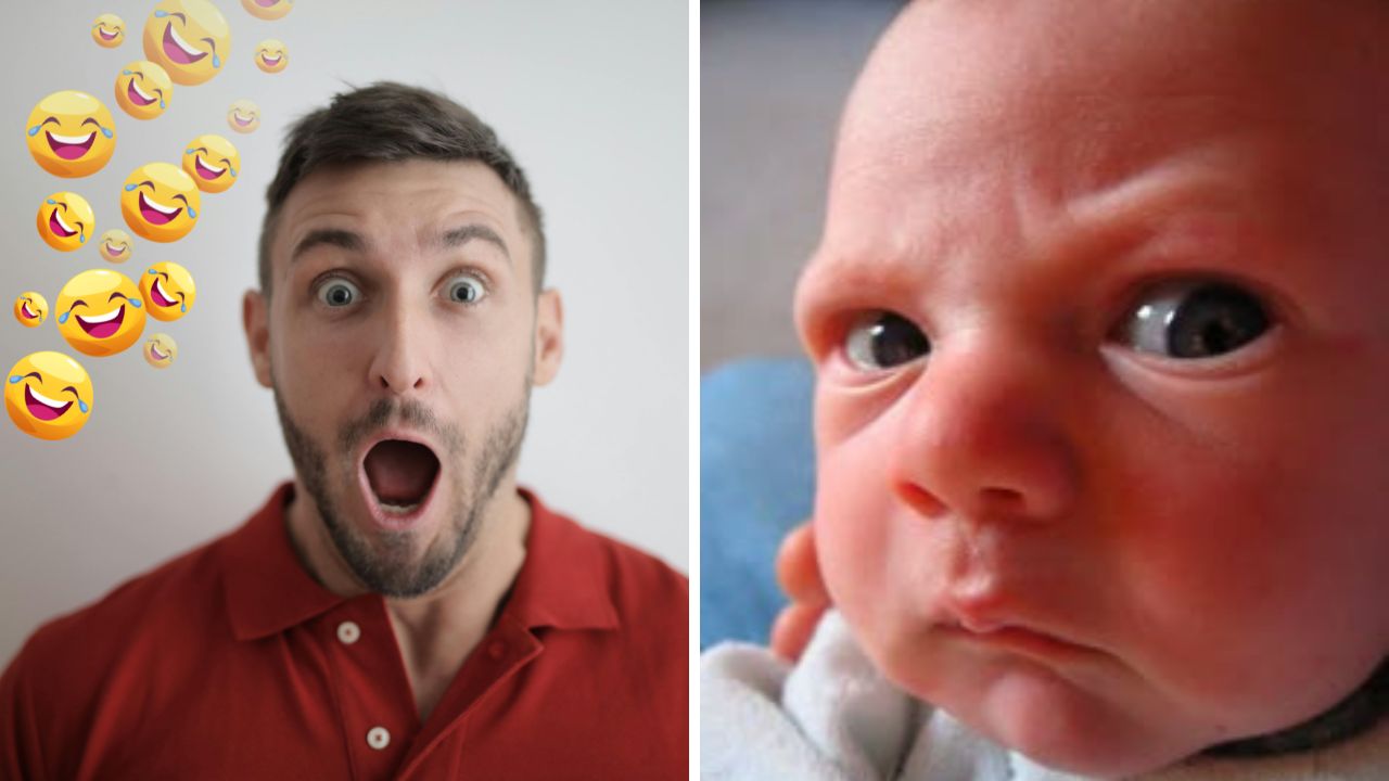 Muž s otvorenými ústami vedľa zamračeného bábätka, veselé emodži nad mužom. Emócie prekvapenia a frustrácie.