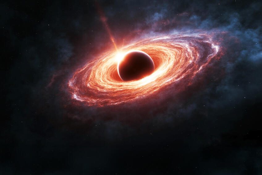 Čierna diera v strede galaktického disku vyžaruje jasný gravitačný prstenec v hlbokom vesmíre.