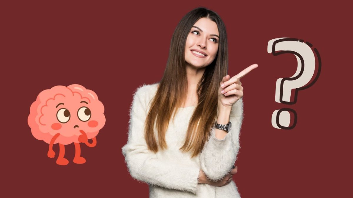 Žena premýšľa s animovaným mozgom a otáznikom na tmavom pozadí.