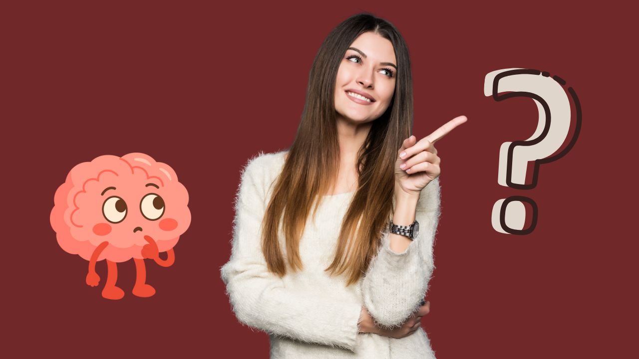 Žena premýšľa s animovaným mozgom a otáznikom na tmavom pozadí.