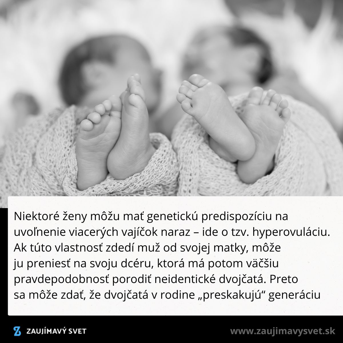 Dvoje bábätiek s prepletenými nožičkami, ilustrujúce tému genetickej predispozície na dvojčatá.