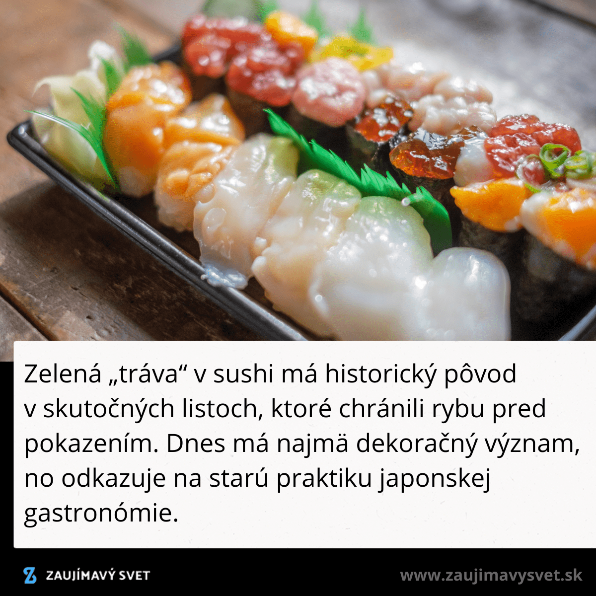 Tanier sushi ozdobený umelou zelenou dekoráciou, tradičným symbolom japonskej gastronómie.