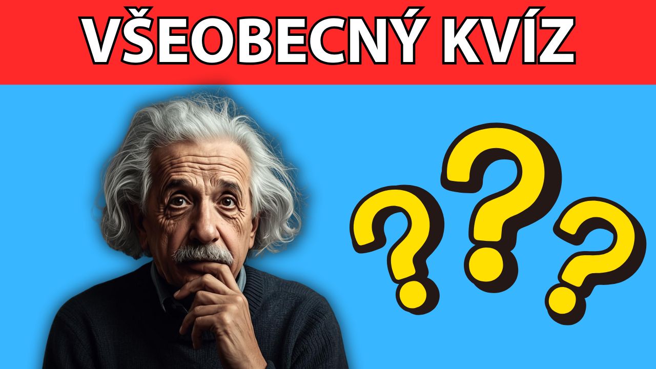 Albert Einstein rozmýšľajúci nad otázkami, doplnené otáznikmi, na pozadí s nápisom Všeobecný kvíz.