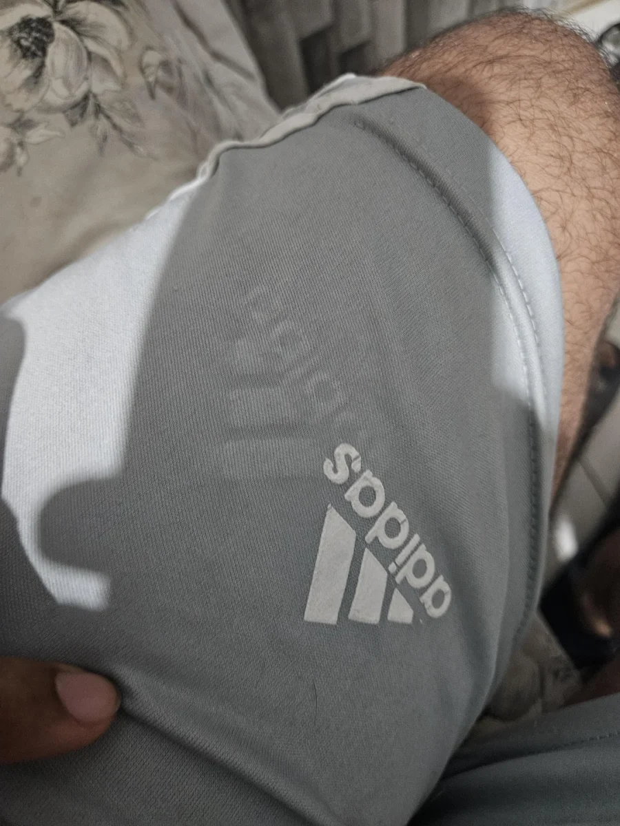 Šedé športové kraťasy s bielym logom Adidas na nohe, v interiéri, osvetlené vnútorným svetlom.