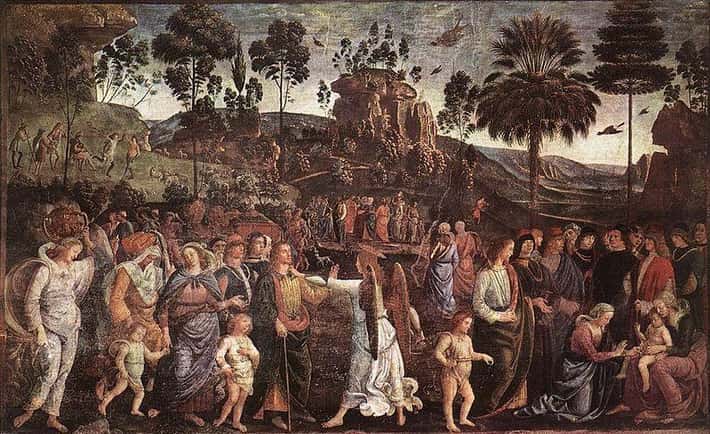 Historická maľba s ľuďmi v idylickej krajine, plná postáv a prírodných prvkov na pozadí.