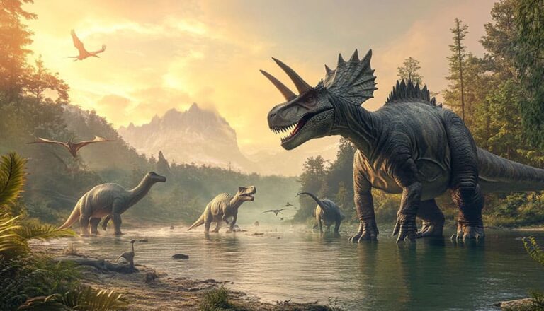Dinosaure v pravekej krajine pri rieke za slnečného dňa, obklopené zeleňou a horami.