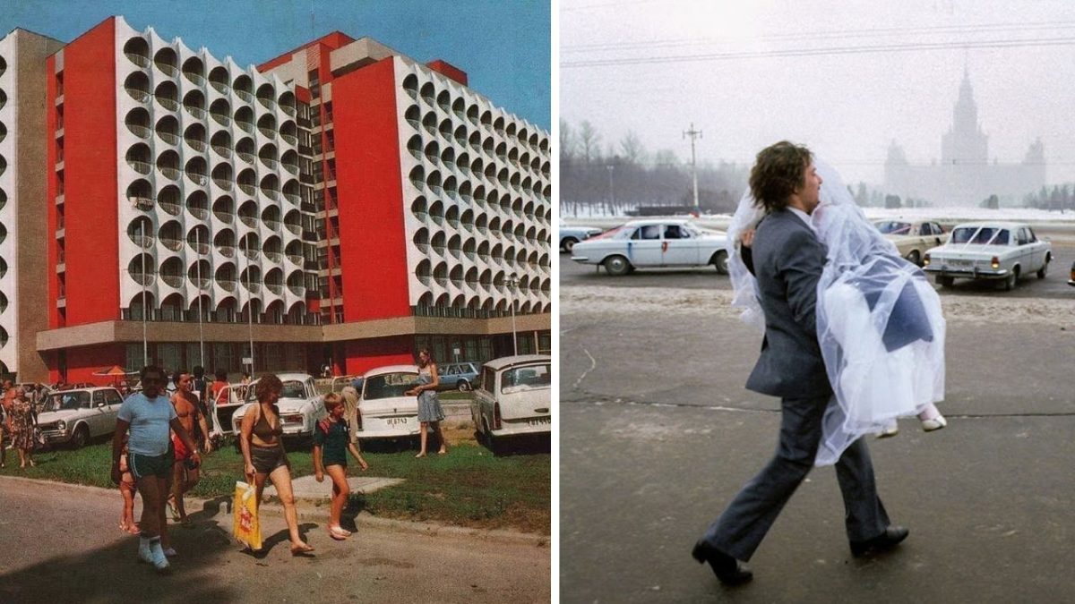 Ľudia pred modernou budovou v letnom dni; svadobný pár na ceste mestom. Retro scéna.