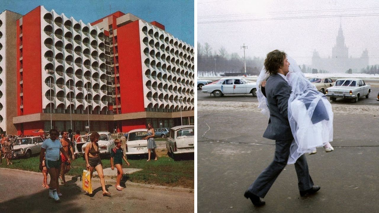 Ľudia pred modernou budovou v letnom dni; svadobný pár na ceste mestom. Retro scéna.