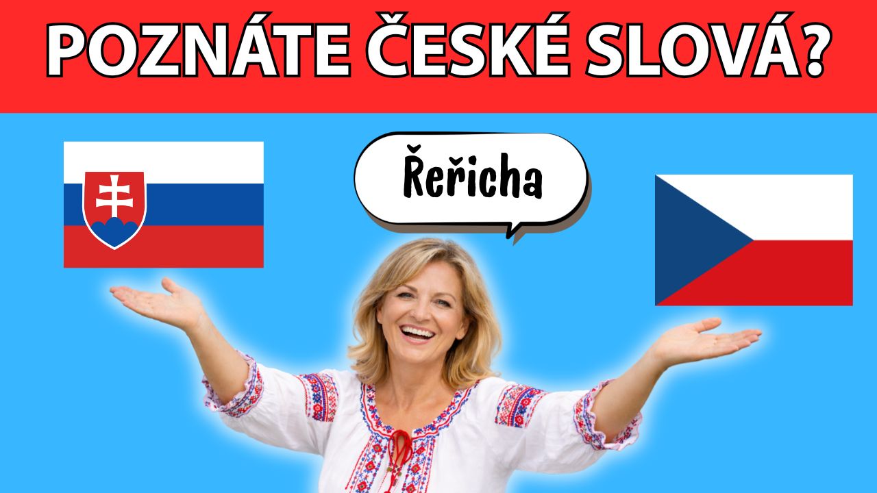 Kvíz: Žena v kroji s úsmevom gestikuluje medzi slovenskou a českou vlajkou, nad ňou nápis POZNÁTE ČESKÉ SLOVÁ?.