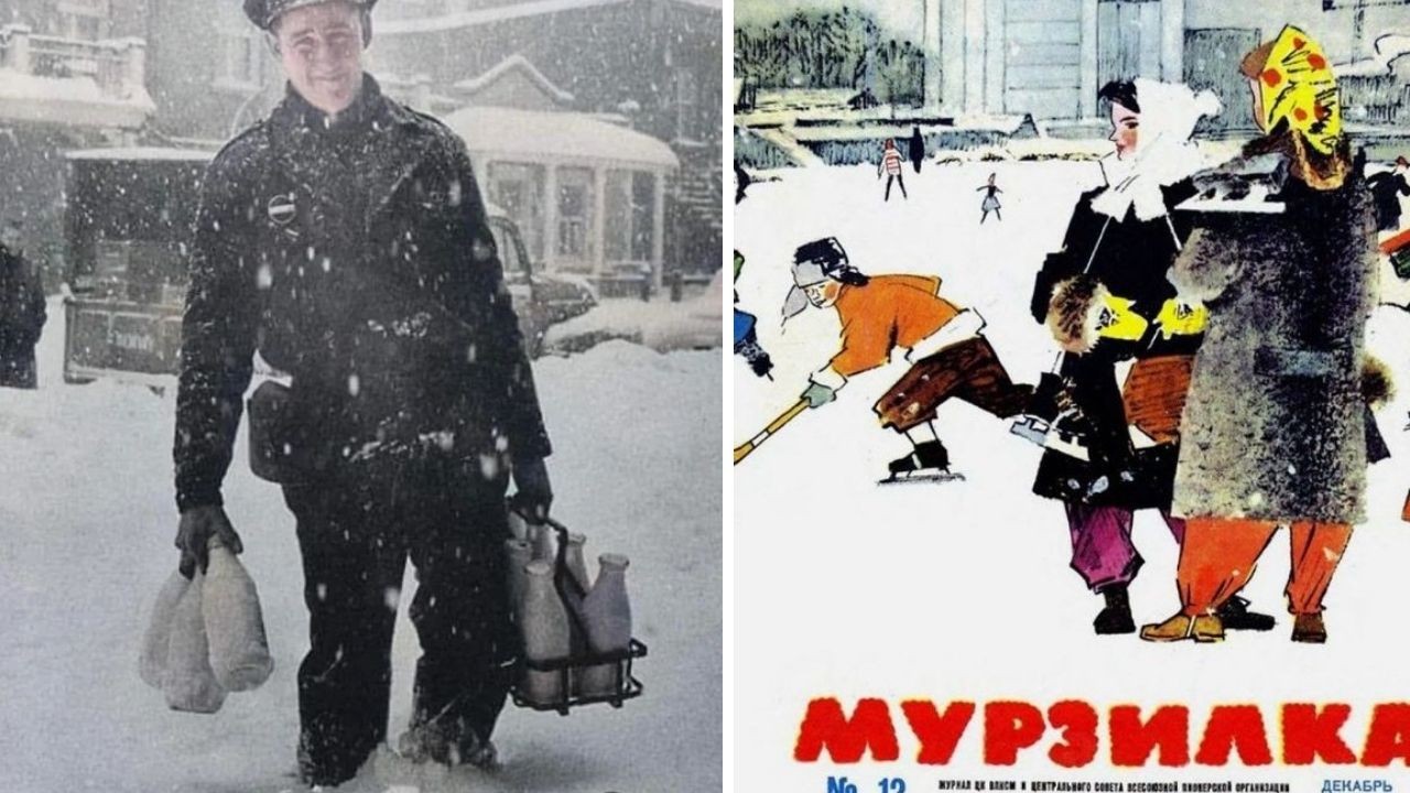 Zasnežená scéna s nosičom mlieka a zimný ilustrácia s postavami na ľade. Retro zima a šport na ľadovej ploche.