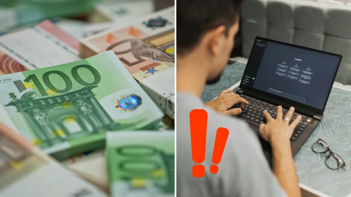 Osoba pracuje na notebooku na pozadí európskych bankoviek, symbolizujúcich online finančné transakcie.