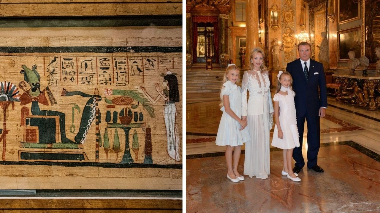 Staroveký egyptský papyrus a rodina v elegantných šatách v luxusnom interiéri.
