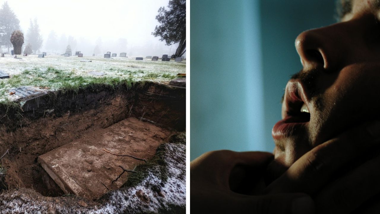 Ľavá časť zobrazuje hrob na zasneženom cintoríne, pravá časť detail osoby v emocionálnom momente.