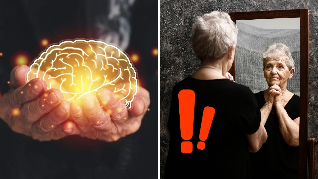 Držanie svietiaceho mozgu v dlaniach, žena sa pozerá do zrkadla s vážnym výrazom, výstražné znamenie na chrbte.
