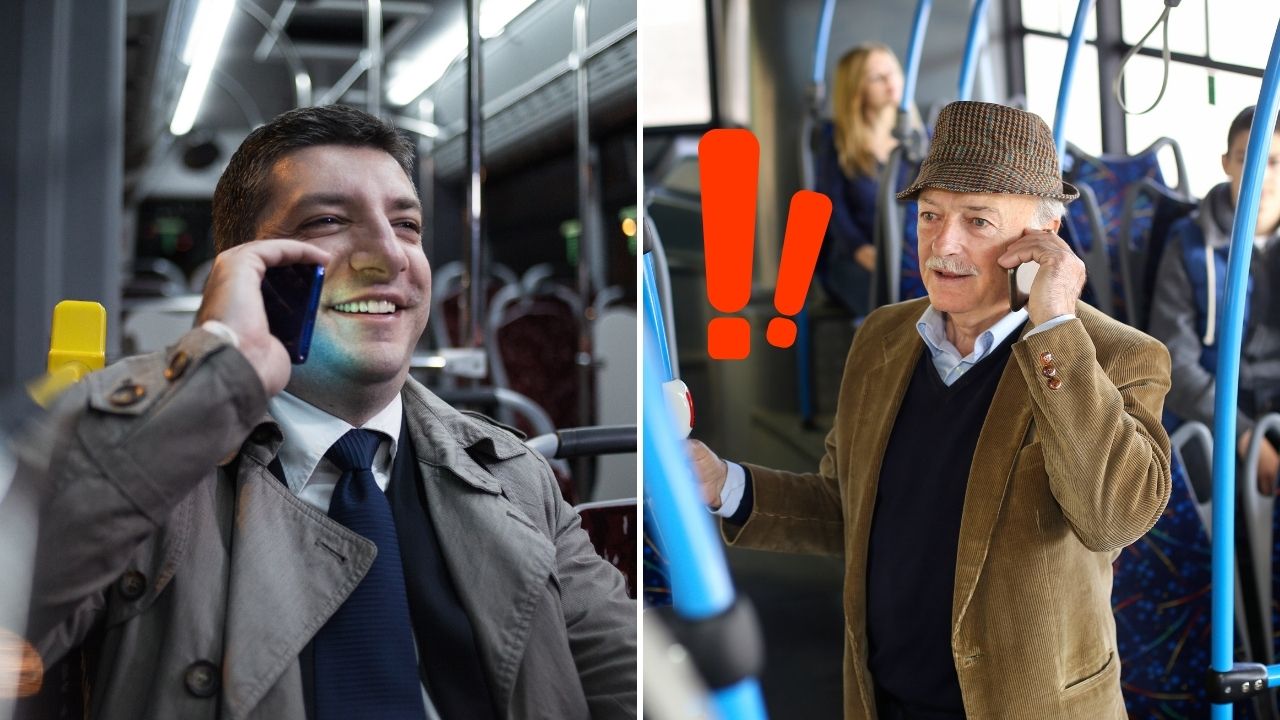 Muži telefonujú v autobuse. Zatiaľ čo jeden sa usmieva, druhý je prekvapený s veľkým výkričníkom nad hlavou.