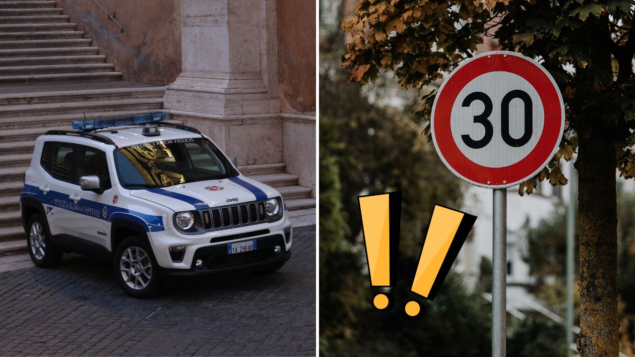Policajné auto pred budovou a dopravná značka s obmedzením rýchlosti na 30 km/h vedľa stromu.