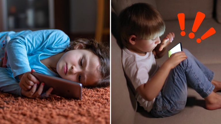 Deti na smartfónoch: Dievča leží s mobilom na koberci, chlapec sedí na gauči s telefónom. Pozor na technológiu u detí!