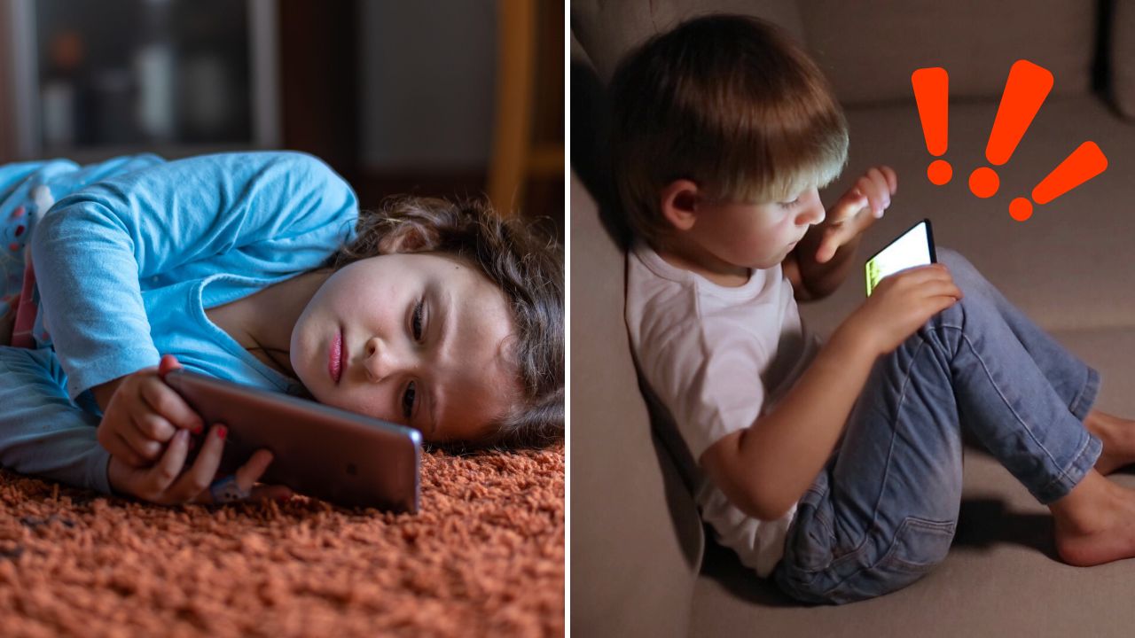 Deti na smartfónoch: Dievča leží s mobilom na koberci, chlapec sedí na gauči s telefónom. Pozor na technológiu u detí!