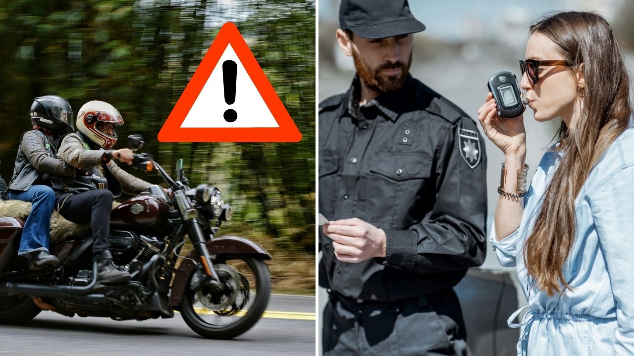 Motocyklista v helmách na ceste a žena pri dychovej skúške s policajtom, bezpečnostné opatrenia na cestách.
