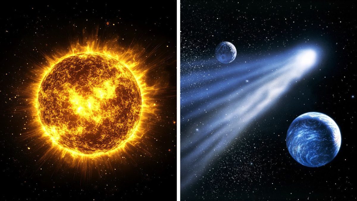 Slnko s eruptions a kométa s prúdom svetla blízko planét vo vesmíre, dynamický vesmírny pohľad.