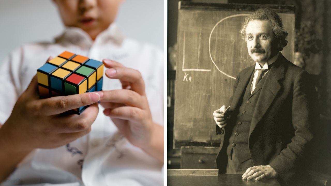 Dieťa rieši rubikovu kocku, vedľa je historická fotka vedca s tabuľou.