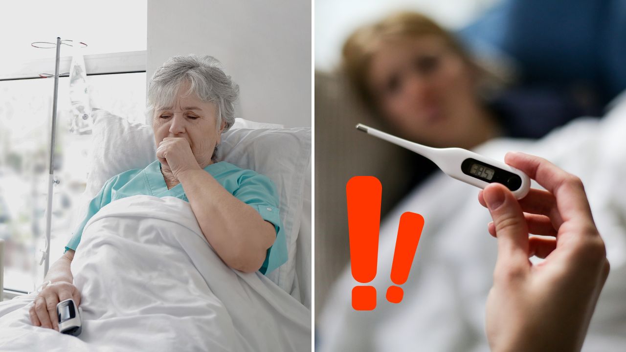 Nemocná žena v posteli a teplomer ukazujúci vysokú teplotu. Dôležitosť merania teploty pri chorobe.