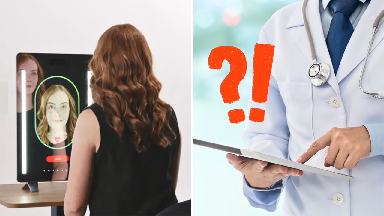 Žena využíva diagnostické zariadenie; doktor analyzuje dáta na tablete.