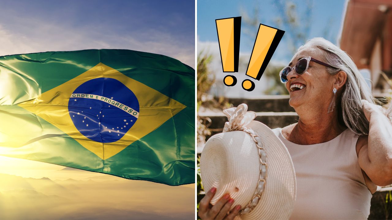 Brazílska vlajka na vetre a žena s klobúkom a okuliarmi usmievajúca sa na slnku.